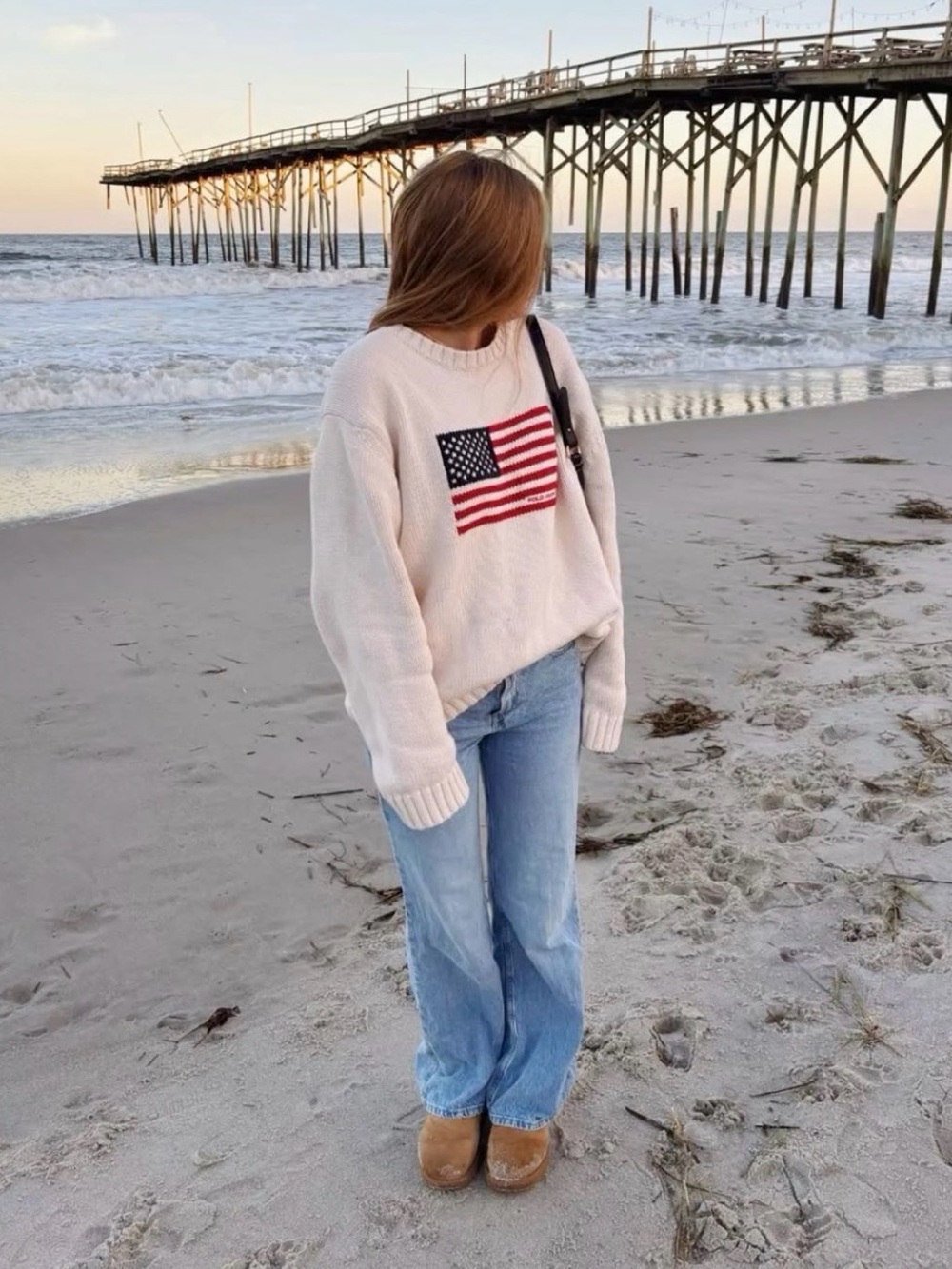 Brandy Melville Cream Crewneck American Flag Sweater